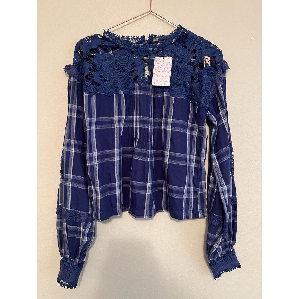Free-people Women's Blue and White Plaid Darling Diana Tunic Shirt
